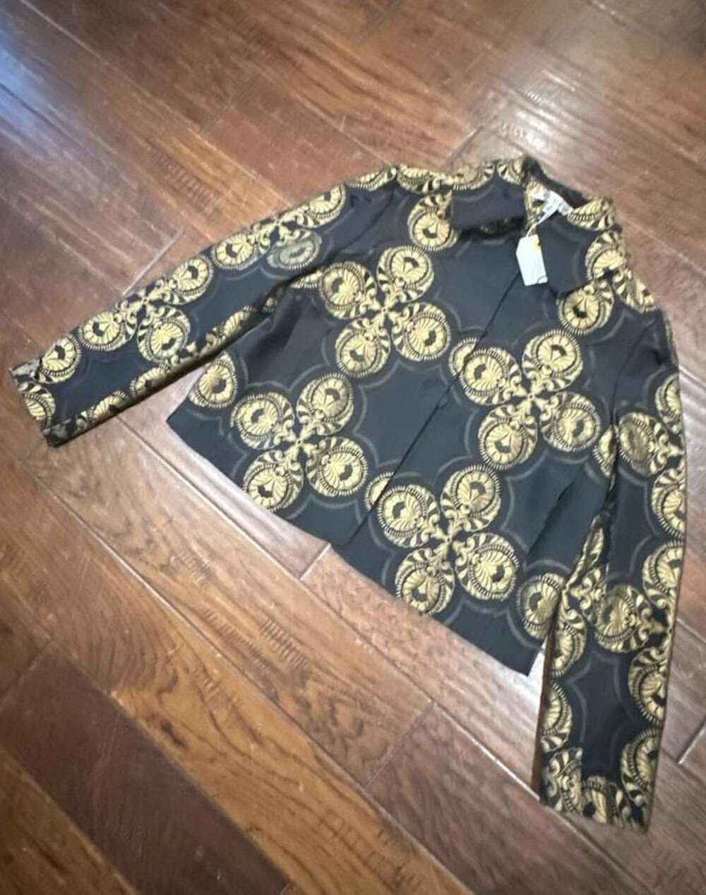 Max Studio Black and Gold Baroque Print Button-Down Jacket S NWT